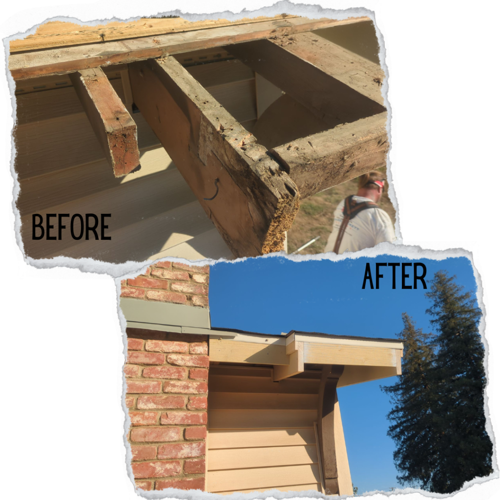 Before-and-after image by Richard Hockett Roofing illustrating successful dry rot repair, demonstrating our expertise in detailed woodwork and restoration.