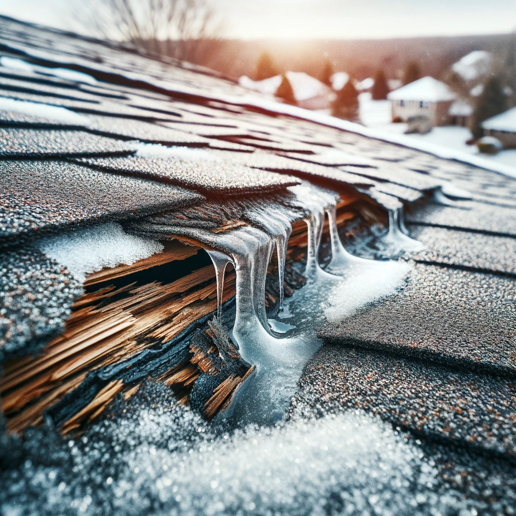 Digitally generated image by Richard Hockett Roofing depicting a frozen roof with ice dam damage, highlighting our expertise in addressing and preventing winter roofing issues.