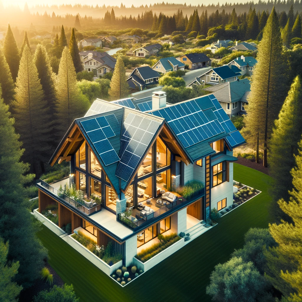 Digitally crafted image by Richard Hockett Roofing showing a warm-toned roof with solar panels, reflecting our expertise in combining aesthetic appeal with renewable energy solutions.