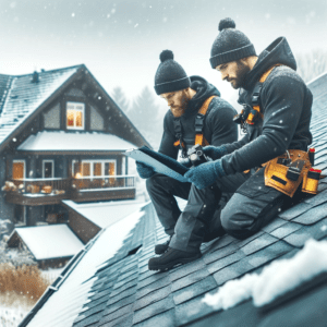 Digital illustration by Richard Hockett Roofing depicting estimators assessing a cold, snowy roof, showcasing our dedication to year-round roofing services.