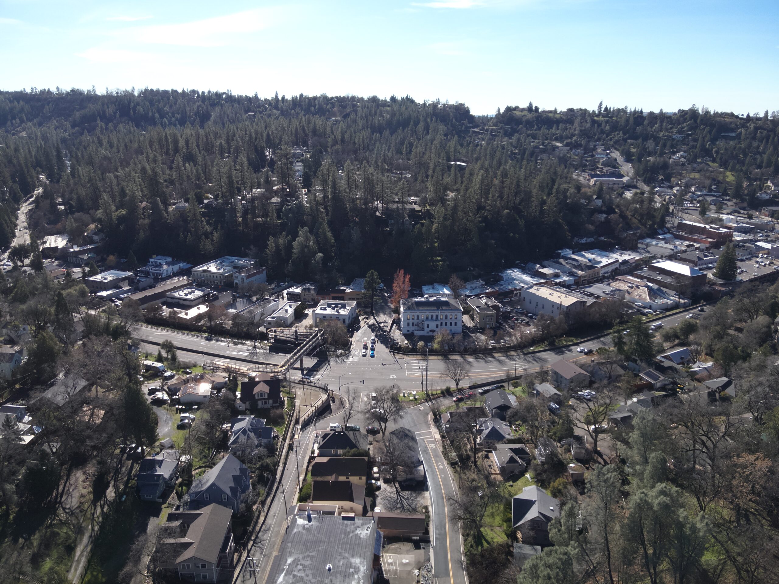 Aerial view of Placerville, CA, showcasing diverse roofing styles, highlighting the need for specialized Placerville Roofing Services.