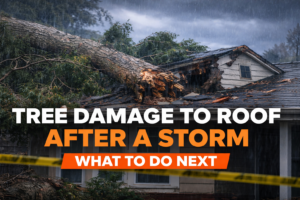 fallen tree causing severe tree damage to roof after a storm in El Dorado County.