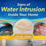 infographic showing signs of water intrusion including ceiling stains mold and damp insulation from roof leaks
