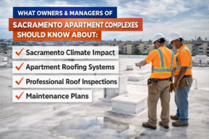 commercial roofing Sacramento apartments inspection with contractors reviewing flat roof system