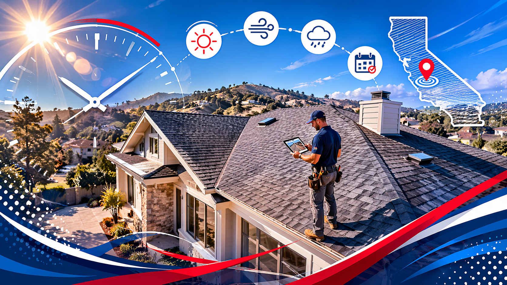 How long does a roof last in California foothill climate shown with roof under sun and storm conditions