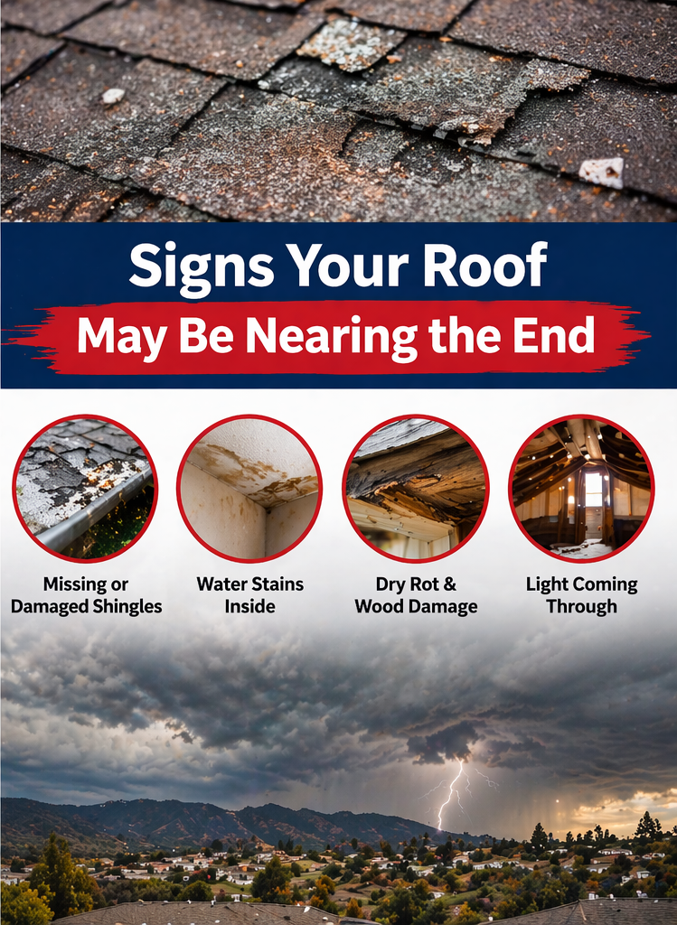 Signs your roof may be nearing the end of its lifespan in California foothill climate including damaged shingles, water stains, and dry rot