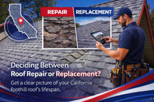 Roof repair vs replacement comparison for a California foothill home showing damaged shingles and inspection process