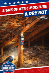 Signs of moisture and potential dry rot inside attic space in Placerville home