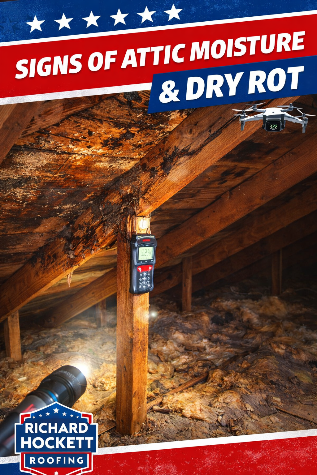 Signs of moisture and potential dry rot inside attic space in Placerville home
