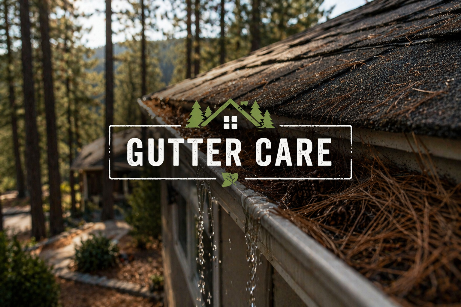 Gutter filled with pine needles and debris on foothill home in Placerville showing need for gutter maintenance