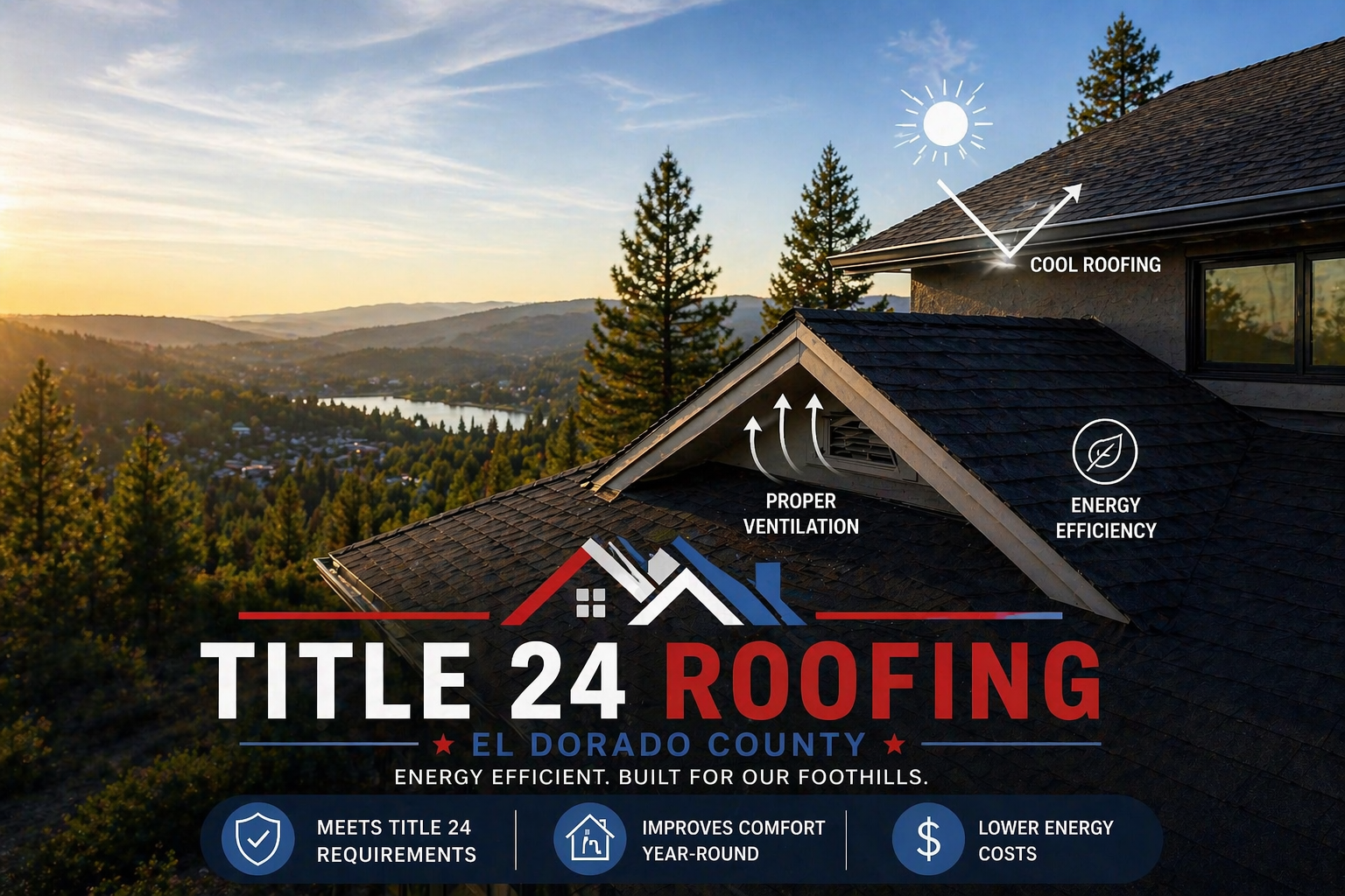 Energy efficient roof in El Dorado County showing Title 24 compliant roofing with ventilation and heat-reflective materials