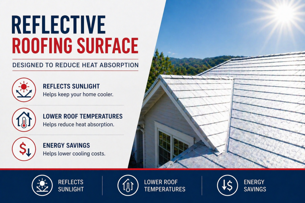 Reflective roofing surface designed to reduce heat absorption and improve energy efficiency in foothill homes