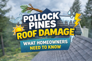 Illustrated graphic showing roof damage from wind, snow, ice, and falling branches in Pollock Pines