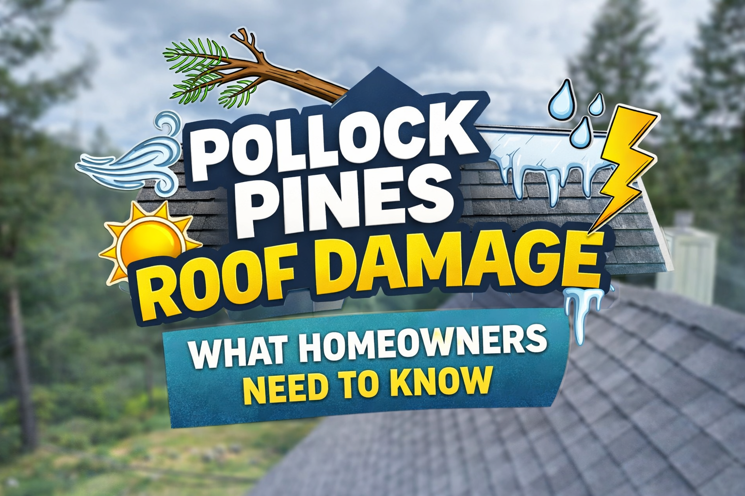 Illustrated graphic showing roof damage from wind, snow, ice, and falling branches in Pollock Pines