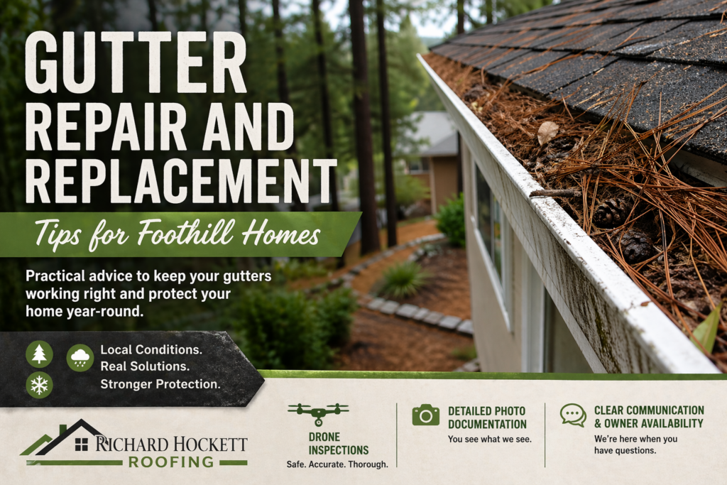 Clogged gutter with pine needles on foothill home illustrating gutter repair Placerville issues