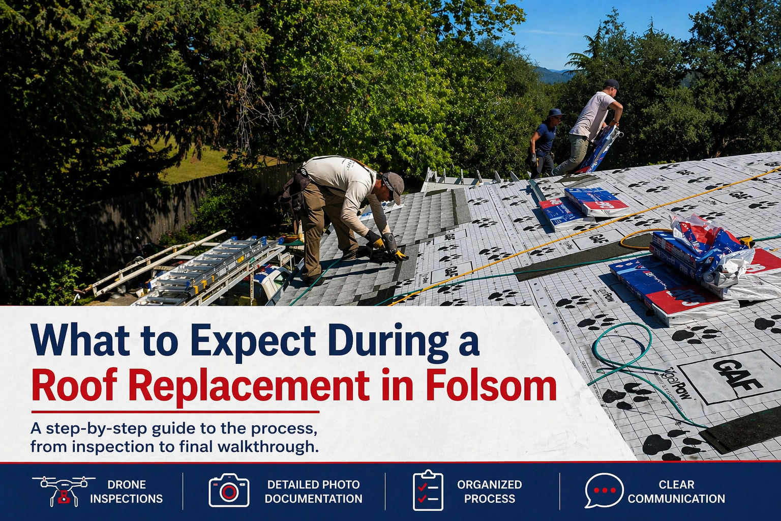 Roofing crew installing shingles during a roof replacement in Folsom with underlayment and materials visible on a residential home