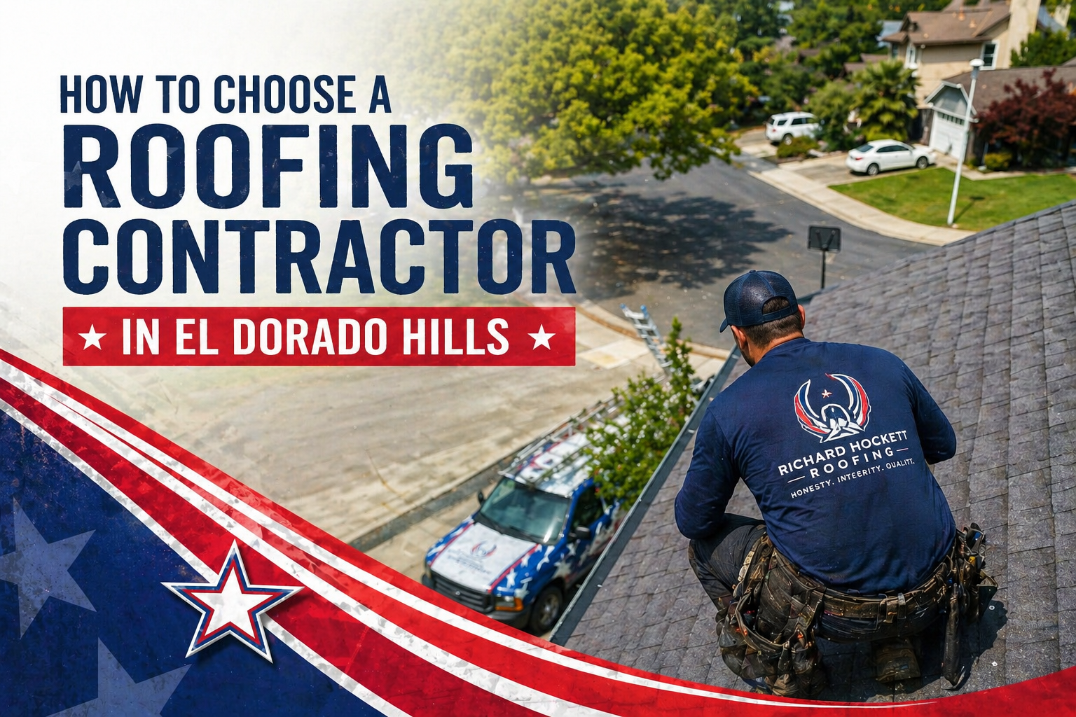 Roofing contractor El Dorado Hills inspecting residential roof with drone and work truck below