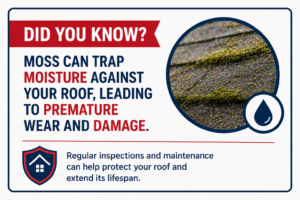Roof moss Northern California infographic showing how moss traps moisture and causes roof damage