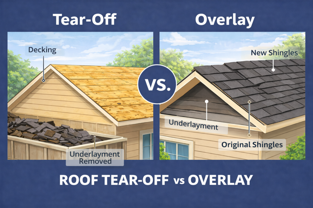 roof tear-off vs overlay comparison showing exposed decking and layered shingles in Placerville roofing example