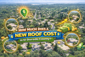 aerial view of el dorado county neighborhood with graphics showing new roof cost factors and pricing elements