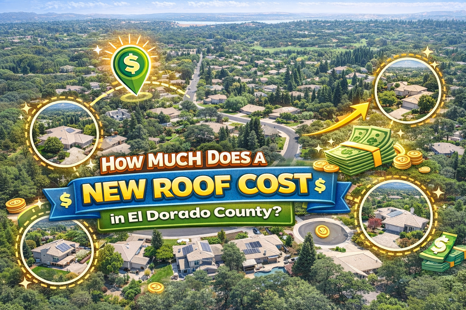 aerial view of el dorado county neighborhood with graphics showing new roof cost factors and pricing elements