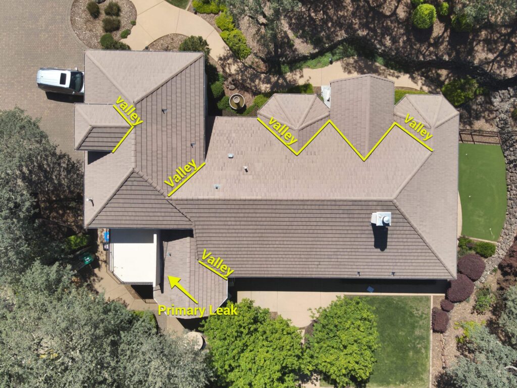 drone roof inspection folsom identifying roof valleys and primary leak location on residential home