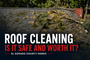 Roof cleaning in El Dorado showing moss, debris, and fallen branches on residential roof