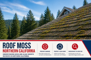 Roof moss Northern California showing moss and algae growth on residential roof in foothill area