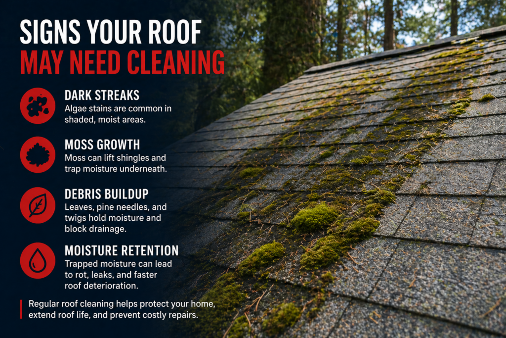 Signs roof cleaning El Dorado homes need including moss, algae streaks, and debris buildup on shingles
