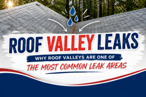 Roof valley leaks on Northern California home showing water runoff through roof valley area