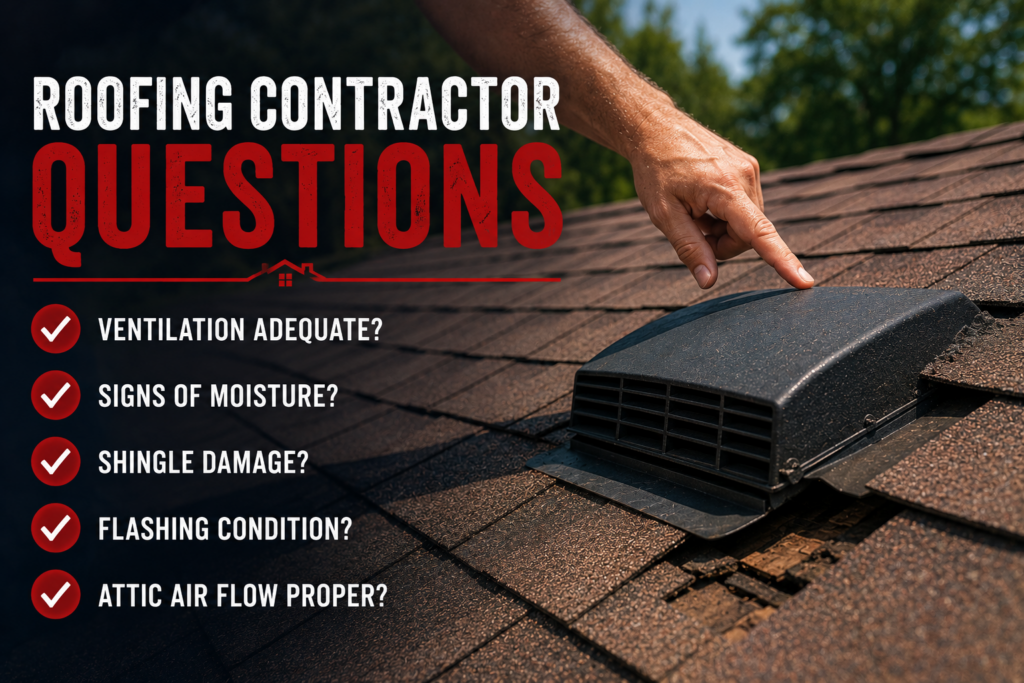 Roofing contractor questions about ventilation and roof damage during roof inspection