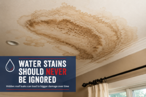 Ceiling water stains caused by hidden roof leak in Northern California home