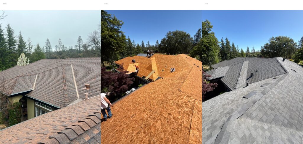 Before, during, and after roof replacement photos showing an aging roof, new roof decking installation, and completed asphalt shingle roof.