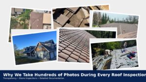 Collage showing drone roof inspection photos, roof damage documentation, roof replacement work in progress, and completed roofing projects in El Dorado County.