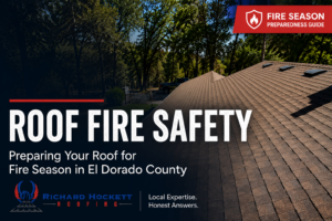 Residential asphalt shingle roof surrounded by trees in El Dorado County demonstrating roof fire safety and wildfire preparedness