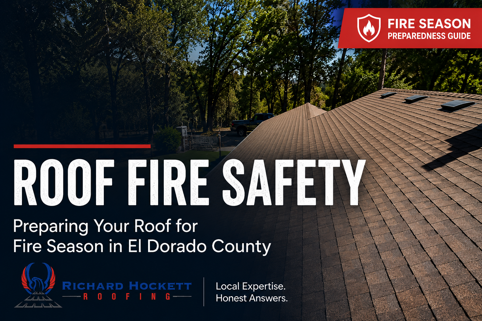 Residential asphalt shingle roof surrounded by trees in El Dorado County demonstrating roof fire safety and wildfire preparedness