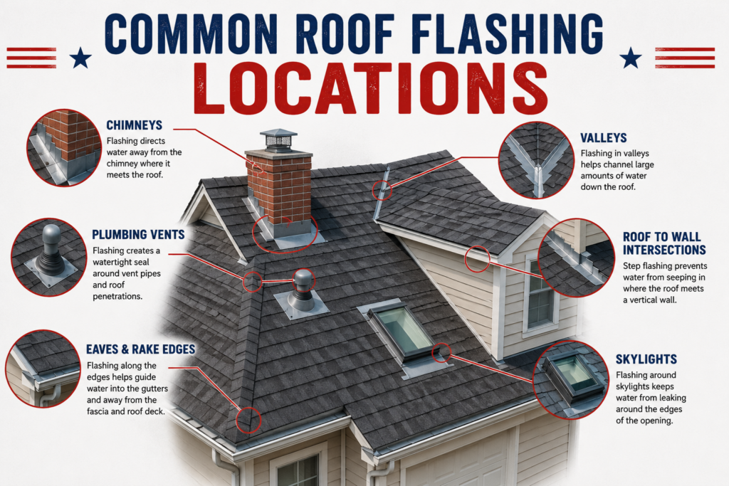 Diagram showing common roof flashing locations including chimneys, valleys, skylights, plumbing vents, and roof-to-wall intersections.
