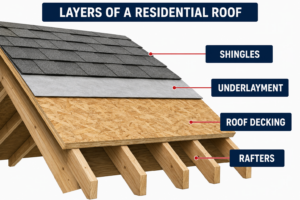 Diagram showing where roof decking is located in a residential roof system