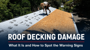 Worker installing roof underlayment beside exposed OSB roof decking on an El Dorado County home.