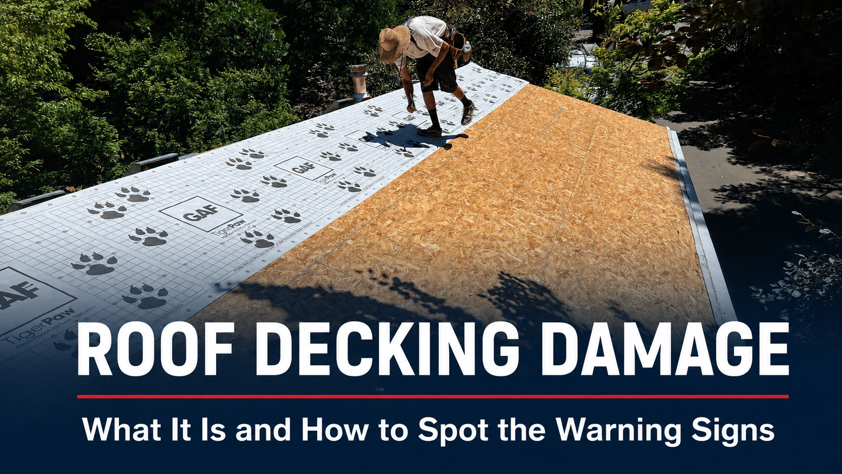 Worker installing roof underlayment beside exposed OSB roof decking on an El Dorado County home.
