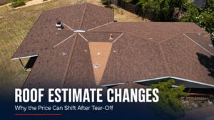 Overhead drone view of a foothill home roof for an article explaining roof estimate changes after tear-off.