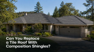 Foothill home illustrating a tile to shingle roof conversion.