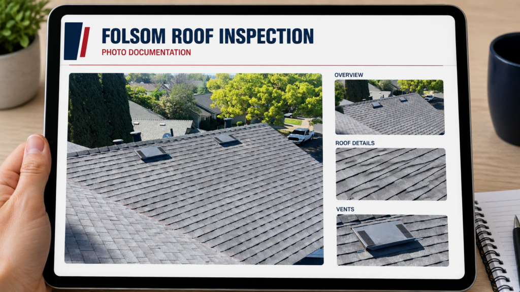 Detailed Folsom roof inspection photographs prepared for a homebuyer.