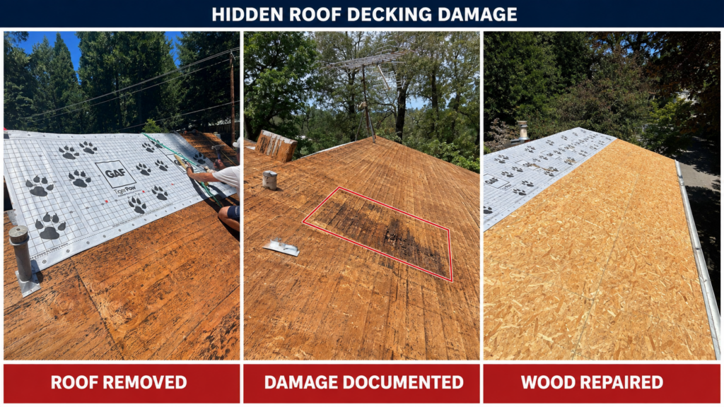 Hidden roof decking damage discovered during a Folsom roof replacement.