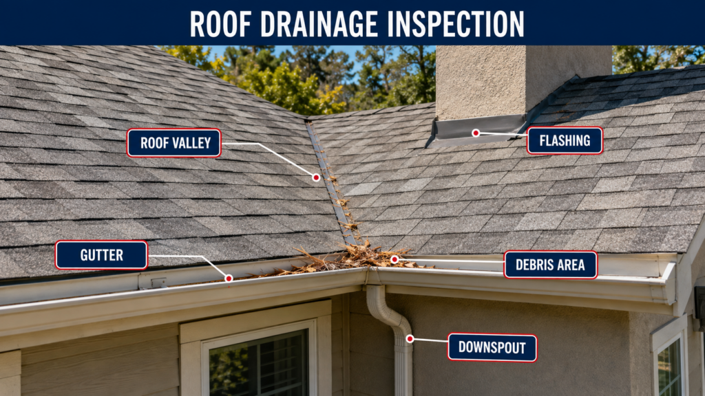 Roof valley, gutter, downspout, and flashing evaluated during a Folsom roof inspection.