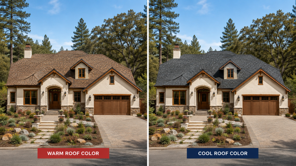 Comparison of warm brown and cool gray roof colors on a foothill home.