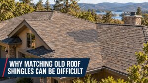 Older composition roof showing why matching roof shingles can be difficult.